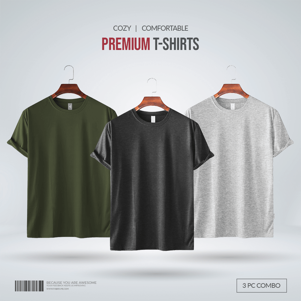 Fabrilife Men's Premium 100% Cotton Blank T-Shirt - Olive, Anthra Mellange, Gray Mellange